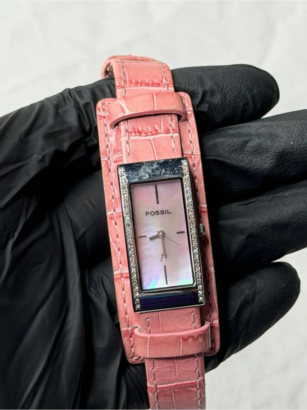 Fossil Watch Women’s F2 17mm Rectangle Pink Dial Leather Band